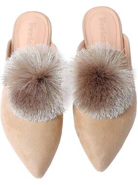 🆕 Women's Beige Velvet Faux Fur Pom Pom Mules Pointed Toe Comfort Slip On Shoes